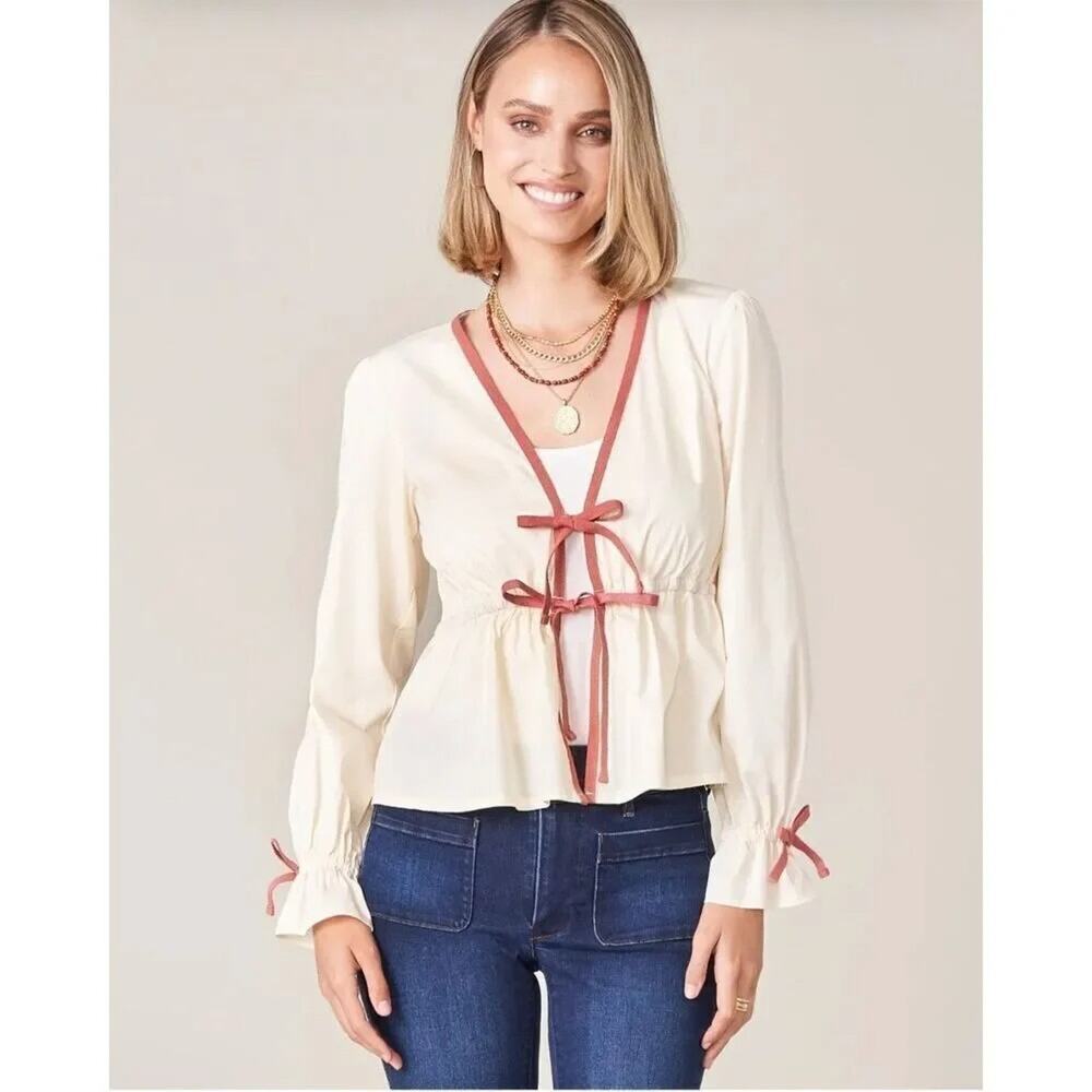 Spartina 449 Joni Tie Front Blouse Buttercream Ivory Size Medium Long Sleeve